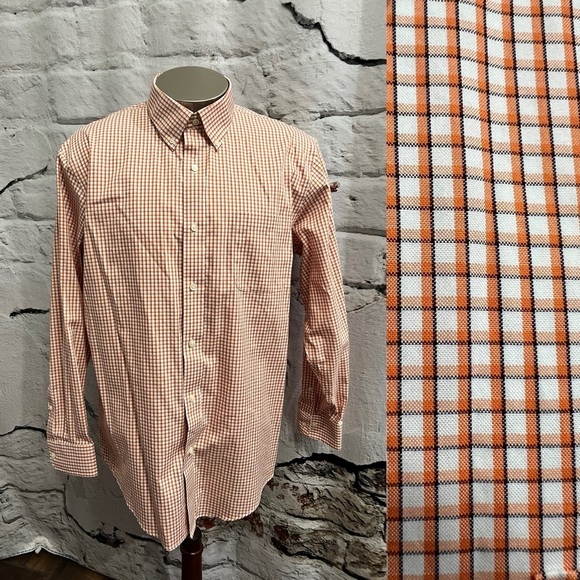 Lands End No Iron Supima Pinpoint Traditional Fit Orange Check Button Up‎ Shirt - Picture 1 of 8